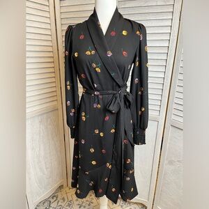 CABI NWT black floral l/sleeve knee length wrap dress